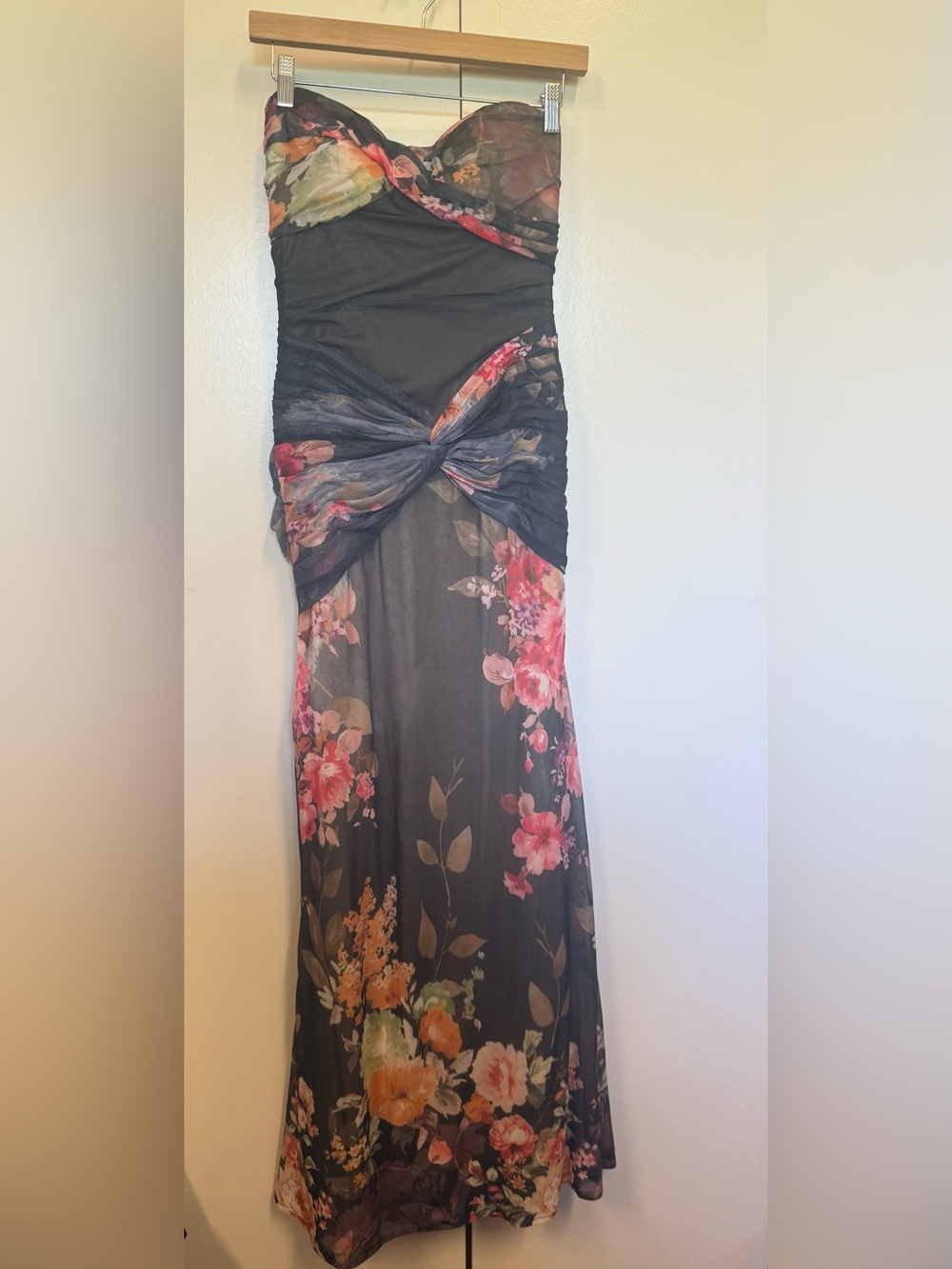 Sexy formal Strapless Black Floral Twist-Front Maxi Dress - wedding, prom